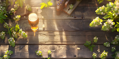 Fresh beer with green hops and malt on a wooden table top view
