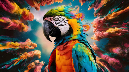 stunning and vivid cinematic 3D render of an abstract macaw bird