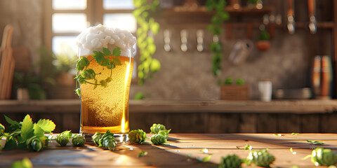  Fresh Beer with Green Hops and Malt on a Wooden Table on dark wooden table background with copy space and jet of beer with bubbles