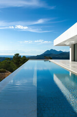 Fototapeta premium Infinity pool overlooking the green mountain landscape and the sea