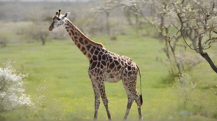 Obraz premium Magnificent giraffe grazing on a big tree on a gravel pathway. generative.ai