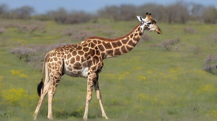 Fototapeta premium Magnificent giraffe grazing on a big tree on a gravel pathway. generative.ai