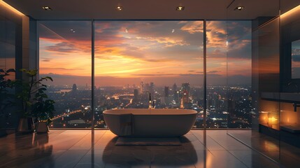 High-end luxury bathroom in a high-rise building Looks comfortable with a large mirror. The city view outside is very beautiful. Ideal for use as design inspiration for designers or property owners.