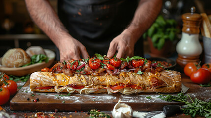 a man is making a pizza on a long loaf of bread
