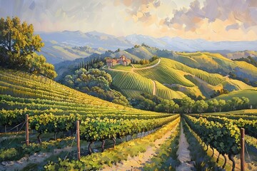 Rolling hills and vineyards bathed in golden sunlight, Create a sense of abundance and idyllic beauty