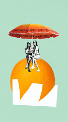 Poster. Contemporary art collage. Two young girls in swimsuit sitting on huge orange under big umbrella and relaxing. Concept of summertime, holidays, vacation, party, fashion and style.