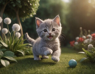 Obraz premium happy cute kitten playing in garden on the grass, with flowers and plants around, digital art
