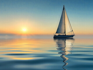 Serene sailboat voyage through tranquil waters, under a vibrant blue sky with fluffy white clouds.