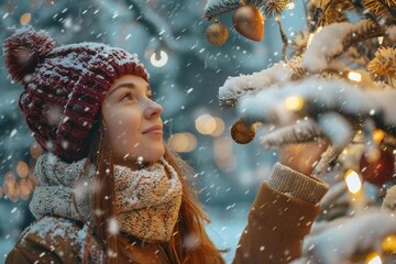 Winter Wonderland: Young Caucasian Woman Admiring Festive Christmas Tree Covered in Snow
