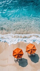 Naklejka premium essence of summer with a top view of beach chairs, umbrella, and serene ocean waves, offering ample space for text to evoke the ultimate vacation vibe
