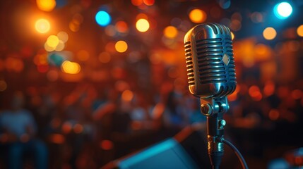 black hand grabbing vintage motown gold microphone on stage overlooking a crowded theatre of bokeh...