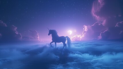 Bring to life a graceful unicorn prancing under the shimmering moonlight in a surreal, dreamlike landscape, blending reality with fantasy seamlessly