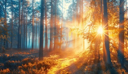 Sunlight filtering through forest trees, creating a natural landscape