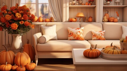 Classic living room with sofa and table setting decorated with pumpkins and flowers for thanksgiving day.