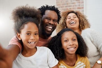 Family, portrait and smile together in living room for selfie, memories and bonding with love....