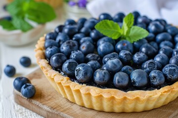 Delicious blueberry tart garnished with mint on a rustic wooden background