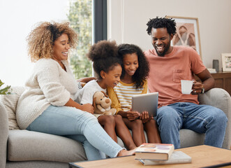 Black family, kids and tablet for gaming, streaming or video on sofa of living room in home...