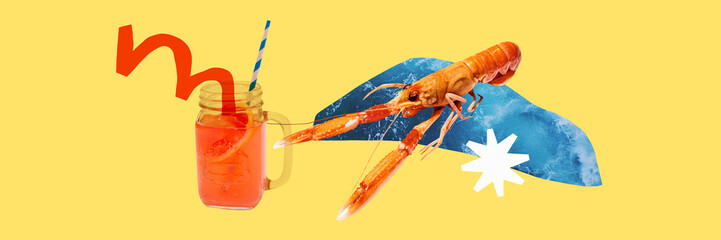Banner. Contemporary art collage. Shrimp sitting on ocean beach in water with refreshing cold...