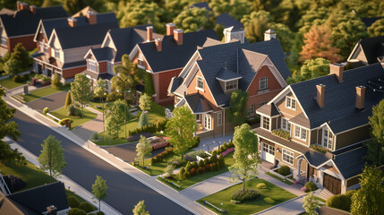 an isometric photo of a new built houses in a small town in canada, buildings, architecture, neighbourhood