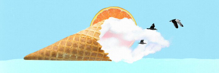 Naklejka premium Banner. Contemporary art collage. Waffle cone with clouds and orange slice and flying seagulls against blue backdrop. Concept of summertime, holidays, vacation, party, fashion and style. Ad