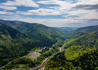 Romania DN1 (National Road 1). Aerial photo with this crowded road from Prahova Valley (Valea Prahovei in Romanian) connection the mountain side resorts with Transylvania and Bucharest.