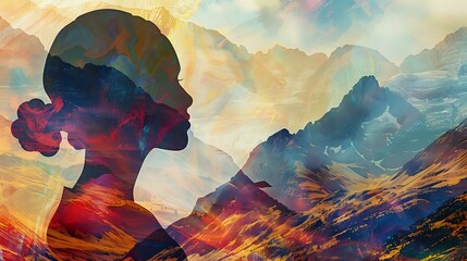 Stylized digital painting featuring woman's silhouette merging with majestic mountain scenery.