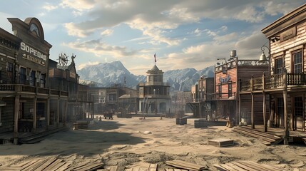 Western City Scene: 3D Environment Featuring Saloon, Buildings on Either Side