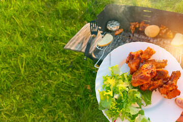 Close-up of a plate with grilled chicken wings and fresh salad at an outdoor barbecue. Summer bbq...