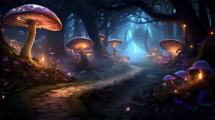 An enchanted forest path lined with glowing agaricus mushrooms leading to a hidden fairy village.