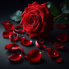 Red rose and petals on a black background, generated using AI.