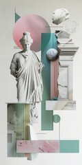 A collage of images including a statue of a woman, a marble statue
