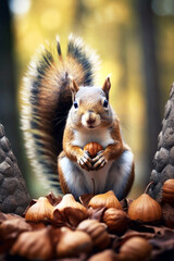 A squirrel in the autumn forest. A beautiful red squirrel in the autumn forest.21