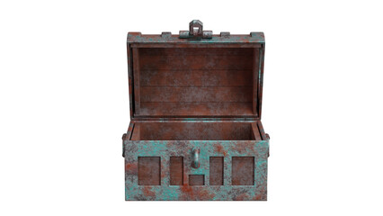 Open old wooden treasure box old rusty metal edge open and empty front view 3D rendering
