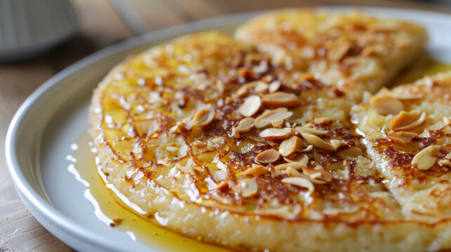 Delicious algerian baghrir pancakes with honey drizzle and toasted almonds, close-up on a white plate