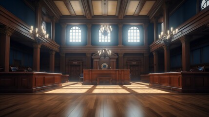 Courtroom interior. Empty Courthouse room interior. Law and Justice concep.
