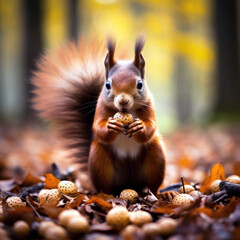 A squirrel in the autumn forest. A beautiful red squirrel in the autumn forest.22