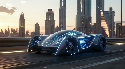 Glowing Blue Lines: Futuristic Electric Hypercar on Urban Track, City Skyline Perspective