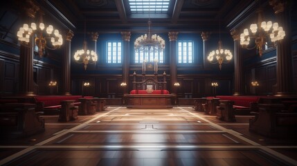 Fototapeta premium Courtroom interior. Empty Courthouse room interior. Law and Justice concep.