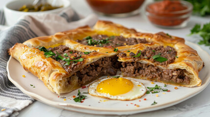 Savory algerian brik pastry filled with spiced lamb and topped with a runny egg, served on a ceramic plate