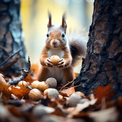 A squirrel in the autumn forest. A beautiful red squirrel in the autumn forest.24