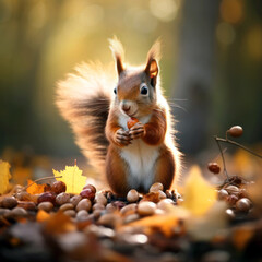 A squirrel in the autumn forest. A beautiful red squirrel in the autumn forest.25