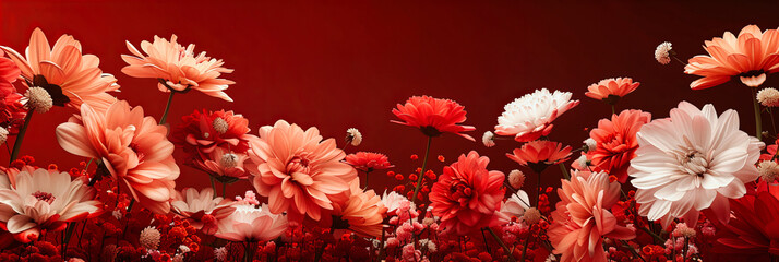 Vibrant Garden of Blooming Flowers, Lush Reds and Pinks in Full Bloom, Fresh Botanical Background