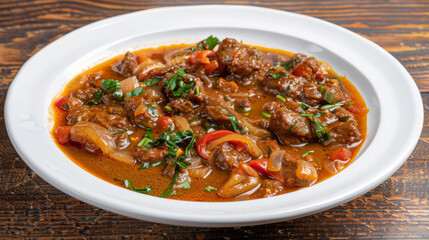 Authentic algerian lamb stew served in a white dish, garnished with fresh parsley on a wooden table background