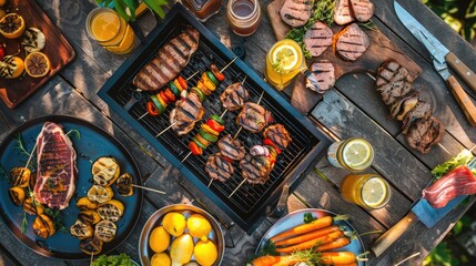 A rectangular wooden table adorned with plates of natural foods and a grill. The setting is perfect...