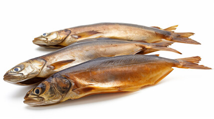 Three smoked fish laid out side by side on a white background, showing details of the preservation technique and texture.