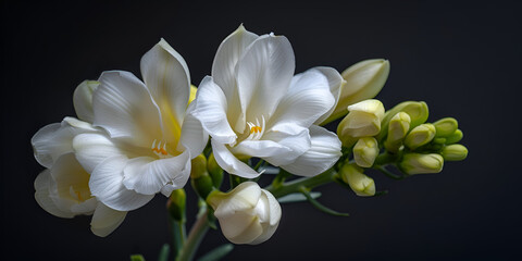 The branch of white freesia with flowers and buds on a dark surface Flowers on table Blossom of freesia
