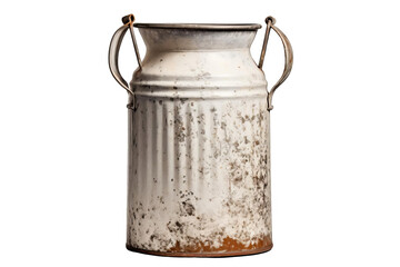 A photo of a vintage milk can with a whitewashed finish. The milk can has two handles and is sitting on a black surface.