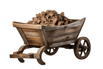 A wooden cart full of rocks isolated on a transparent background. The cart has two wooden wheels and is filled with large and small rocks.
