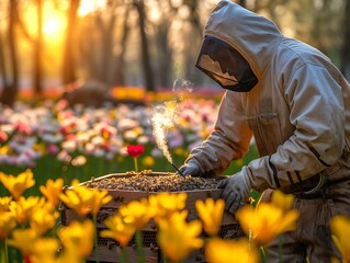 A beekeeper is working in a field of yellow flowers. The sun is shining brightly, and the flowers are in full bloom. The beekeeper is wearing a white suit and a mask to protect himself from bee stings