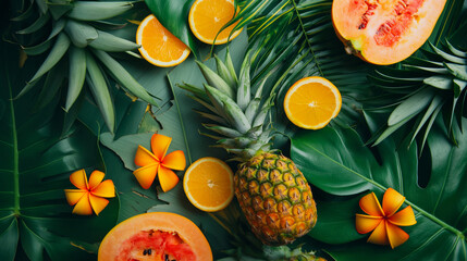 Summer vacation colorful tropical background with palm leaves, monstera leaf, oranges, pineapple and exotic flowers in bright colors.